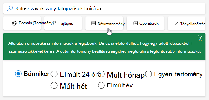 Képernyőkép a dátumtartomány beállításairól, az elmúlt 24 óra, az elmúlt hét, az elmúlt hónap, az elmúlt év, egyéni tartomány.