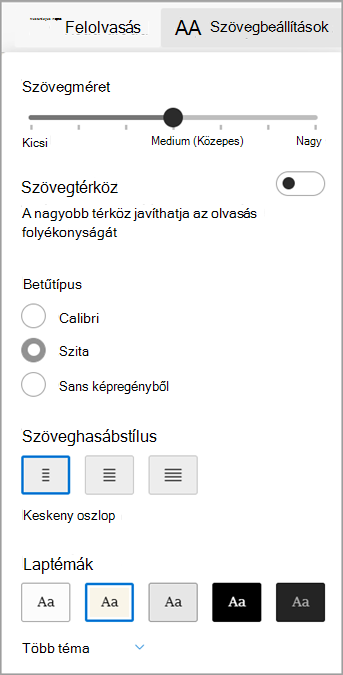 Szövegbeállítások a Microsoft Edge Modern olvasó alkalmazásban.