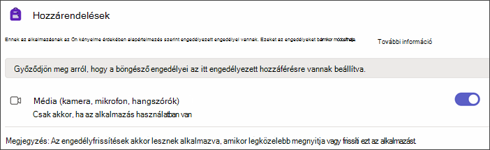Képernyőkép a Teams beállításairól az Alkalmazásengedélyek kiválasztása után. a Média nevű beállítás látható bekapcsolt váltókapcsolóval.