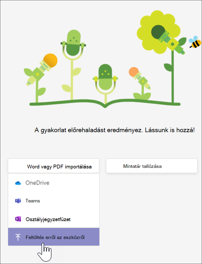 Képernyőkép a legördülő menüről a Feltöltés szó vagy PDF lehetőséget választva