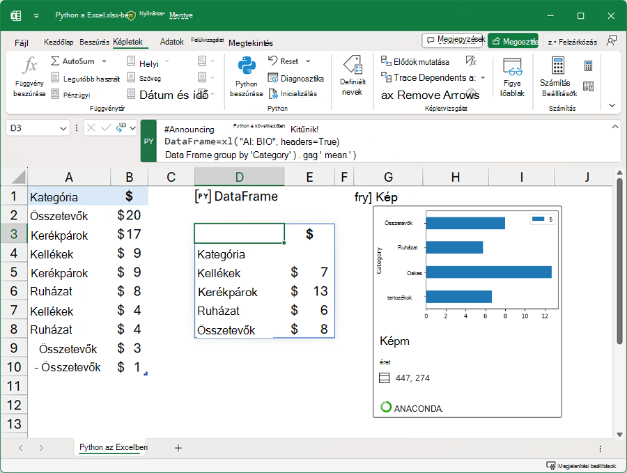 Egy Excel-munkafüzet, amely Pythont használ az adatok elemzéséhez.