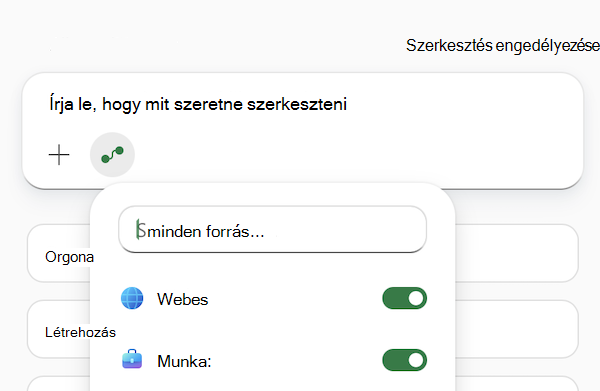 Képernyőkép a Copilot az Excelben parancssori mezőjéről, amelyen a Források kiválasztása menü van megnyitva.