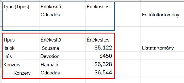 A feltételek és a listatartomány képernyőképe