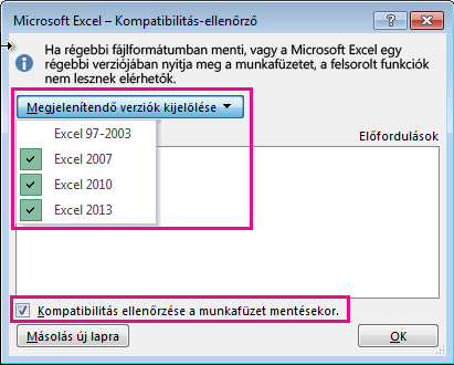 Az ellenőrizendő verziókat megjelenítő kompatibilitás-ellenőrző