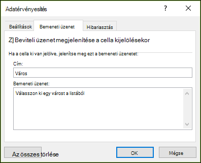 Adatok érvényesítése – figyelmeztető üzenet beállítása