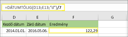 =(DÁTUMTÓLIG(D13;E13;d)/7) és az eredmény: 122,29