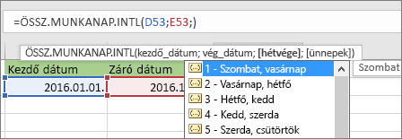 A következőket megjelenítő IntelliSense-lista: 2 – vasárnap, hétfő; 3 – hétfő, kedd stb.