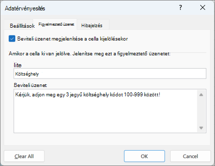Figyelmeztető üzenetek beállításai az Adatok érvényesítése párbeszédpanelen