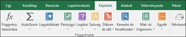 Az Excel Képletek lapja a menüszalagon