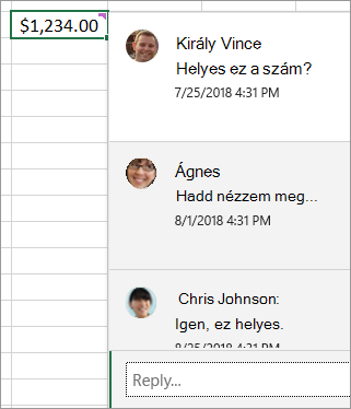 Egy cellában 1.234 Ft összeg szerepel, egy hozzászóláslánccal a csatolva: Király Vince: Helyes ez a szám? Amy Smith: Hadd nézzem meg... és így tovább