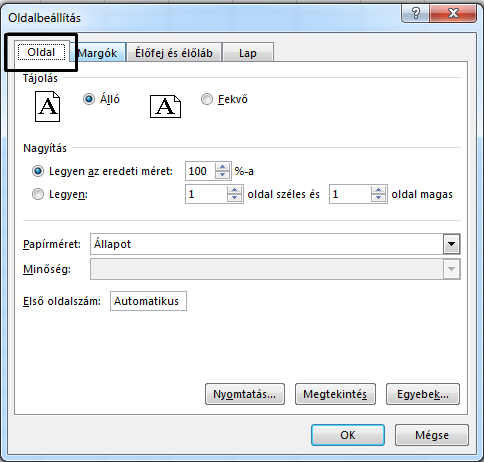 Az Oldalbeállítás párbeszédpanel