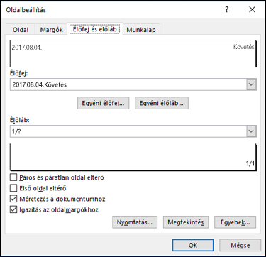 Oldalbeállítás > Élőfej- és élőláb-beállítások