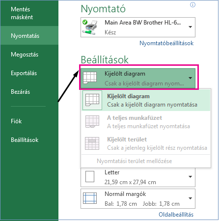 A Beállítások legördülő menüben adja meg, hogy mit szeretne nyomtatni.