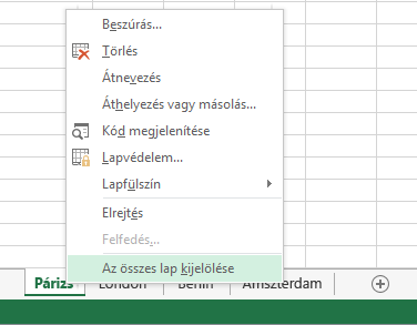 A helyi menüben „Az összes lap kijelölése” parancs az aktív.