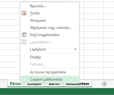 A helyi menüben a Csoport szétbontása parancs az aktív.