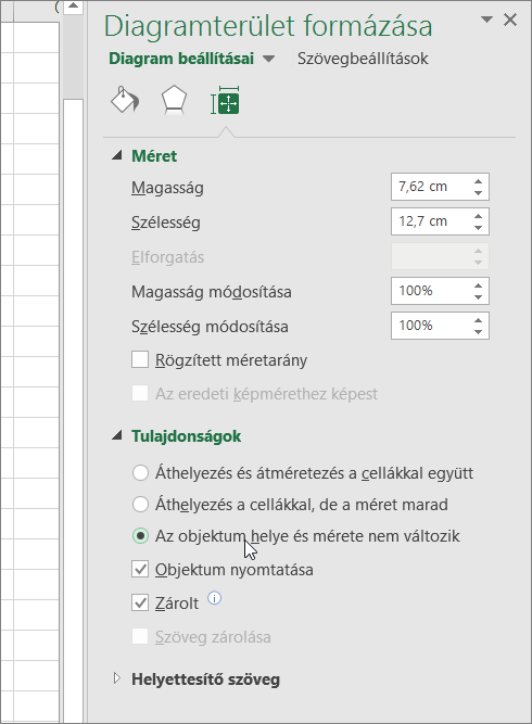 Képernyőkép a Diagramterület formázása munkaablak Tulajdonságok eleméről
