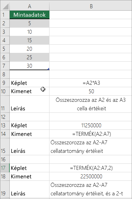 Számok szorzása a SZORZAT függvénnyel