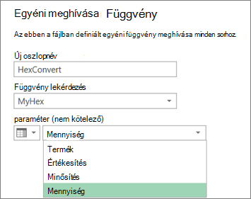 Az Egyéni függvény meghívása párbeszédpanel