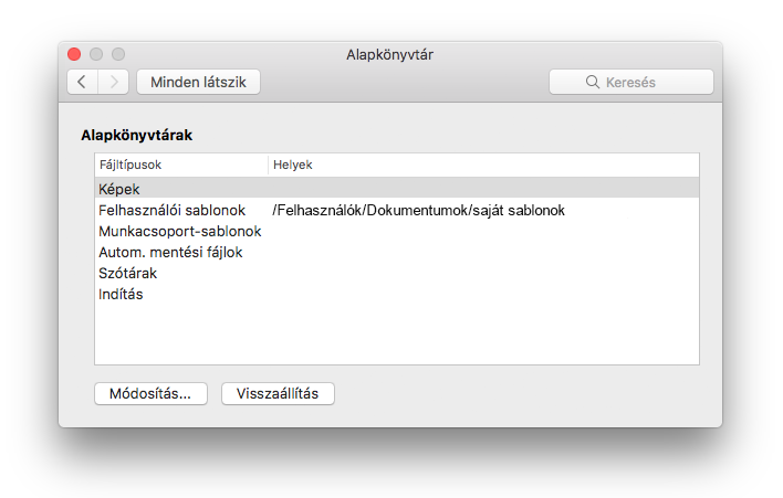 Képernyőkép a Microsoft Word Fájlok helye beállításpaneljéről