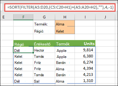 A SZŰRŐ és a SORBA.RENDEZ függvény együttes használata – Szűrés termék (alma) VAGY régió (kelet) szerint