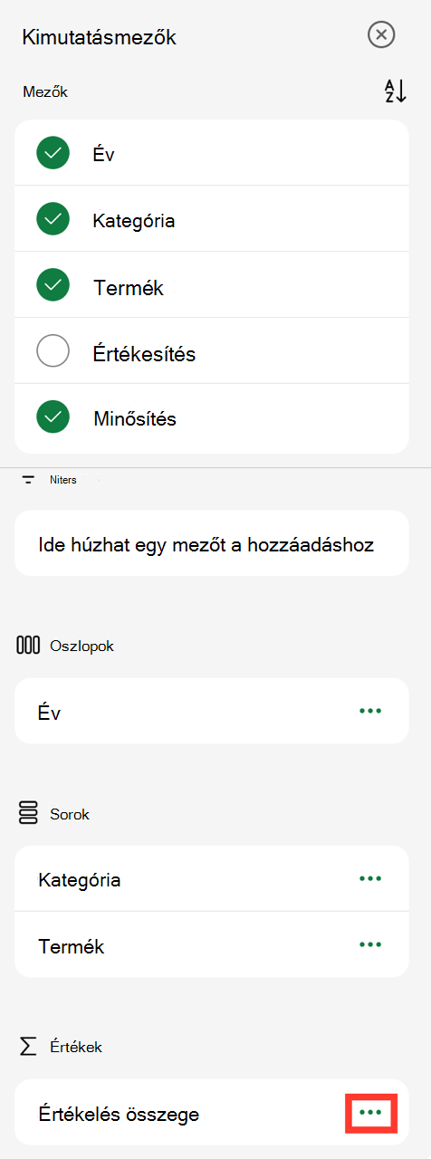 Kimutatás mezőértékek három pontja iPad készüléken