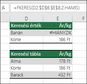 A keresett érték nem létezik. Az E2 cellában lévő képlet a következő: =FKERES(D2,$D$6:$E$8,2,HAMIS). A Banán érték nem található, ezért a képlet #N/A hibát ad vissza.