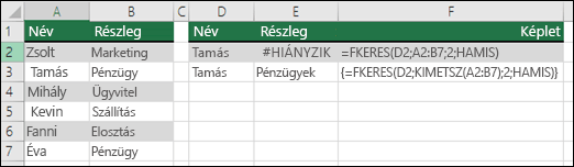 FKERES és a KIMETSZ függvény együttes használata egy tömbképletben a kezdő/záró szóközök eltávolításához. Az E3 cellában az {=FKERES(D2,KIMETSZ(A2:B7),2,HAMIS)} képlet szerepel; ezt a CTRL+SHIFT+ENTER billentyűkombinációval kell megadni.