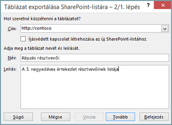 A Táblázat exportálása SharePoint-listára varázsló