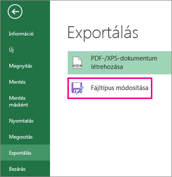 A Fájltípus módosítása parancs az Exportálás lapon