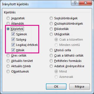 Az Irányított kijelölés párbeszédpanel képletkeresési beállításai