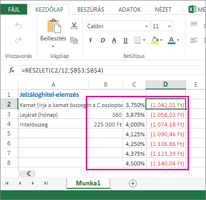 A B2:D8 cellatartomány egy adattábla