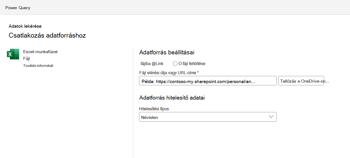 Az adatforrás-kapcsolat beállításainak menüje