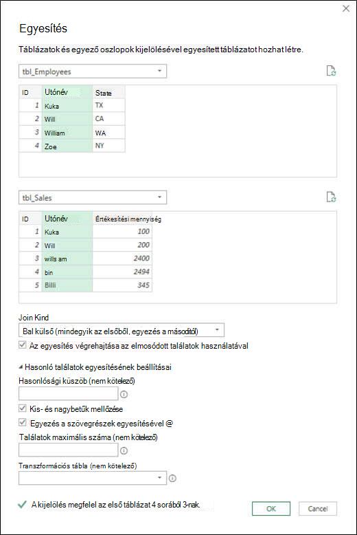 A Power Query fuzzy egyesítési beállításai