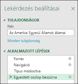 Power Query – Oszlop egyesítése példából – az alkalmazott lépések ablaka