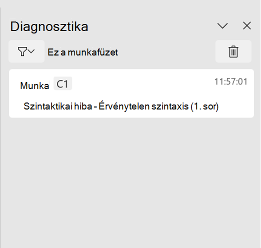 A Python az Excelben diagnosztikai munkaablaka, amely szintaktikai hibát jelenít meg.