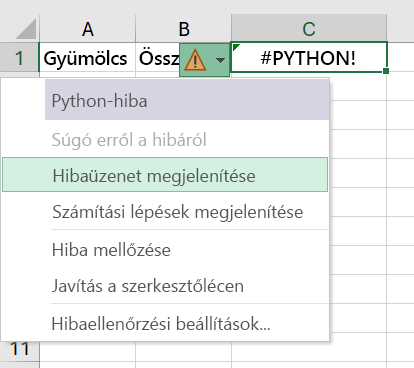 Hiba egy Python az Excelben cellában, a hibamenü megnyitva.