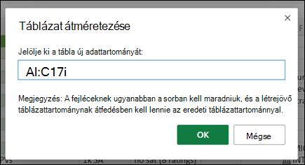Táblázat átméretezése párbeszédpanel