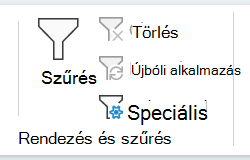 Az Adatok lap Rendezés és szűrés szakaszának képernyőképe