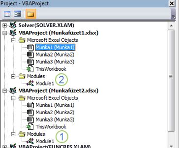 A VBAProject Book1.xlsm és a VBAProject Book2.xlsm projektfáit megjelenítő VBA projektkezelő ablaktábla Az 1. szám jelöli a Modul1 elemet a Munkafüzet2.xlsm Modulok mappában, a 2. szám pedig a Munkafüzet1.xlsm alatti Modulok mappát, jelezve, hogy hová kell átmásolni a modult.