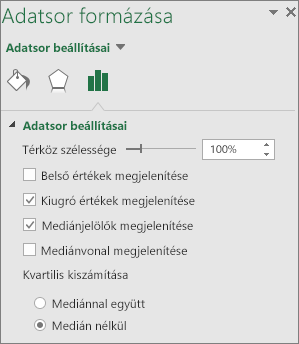 A Dobozos ábra beállításait tartalmazó Adatsor formázása munkaablak a Windows Office 2016-ban