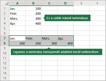 Példa a Transzponálás beillesztése parancsra