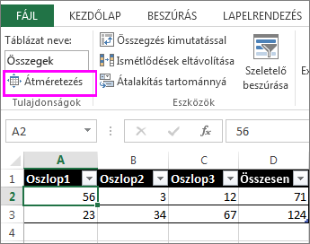 Átméretezés parancs a Táblázateszközök csoportban