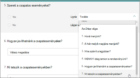 Ágak létrehozása más kérdésekre egy másik kérdés válasza alapján