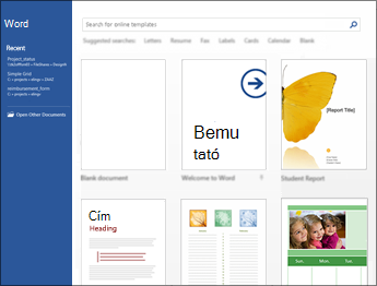 Word kezdőképernyője