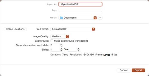 Exportálás animált GIF-ként párbeszédpanel a Mac PowerPoint 2021 programban