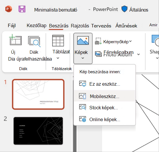 Képernyőkép egy kép beszúrásáról mobileszközről a PowerPointban.