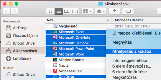 Helyezze az Office alkalmazásokat a kukába