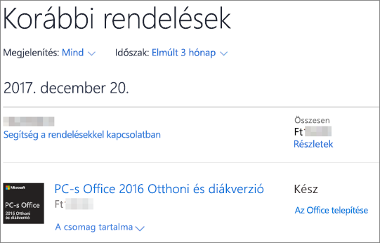 A Korábbi rendelések lap a Microsoft Store áruházban