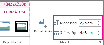 A Magasság és a Szélesség mező a Képeszközök Formátum lapján