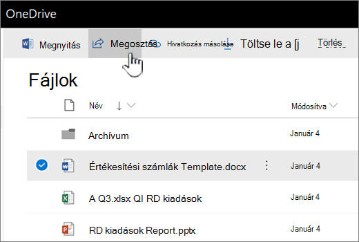 A OneDrive kijelölt fájllal és a Megosztás gomb megnyomásával